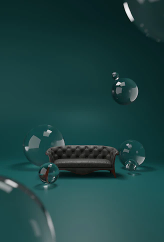 a couch sitting on top of a green floor