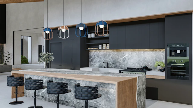 Kitchen island in grey veined marble with a wood counter and dark cabinets