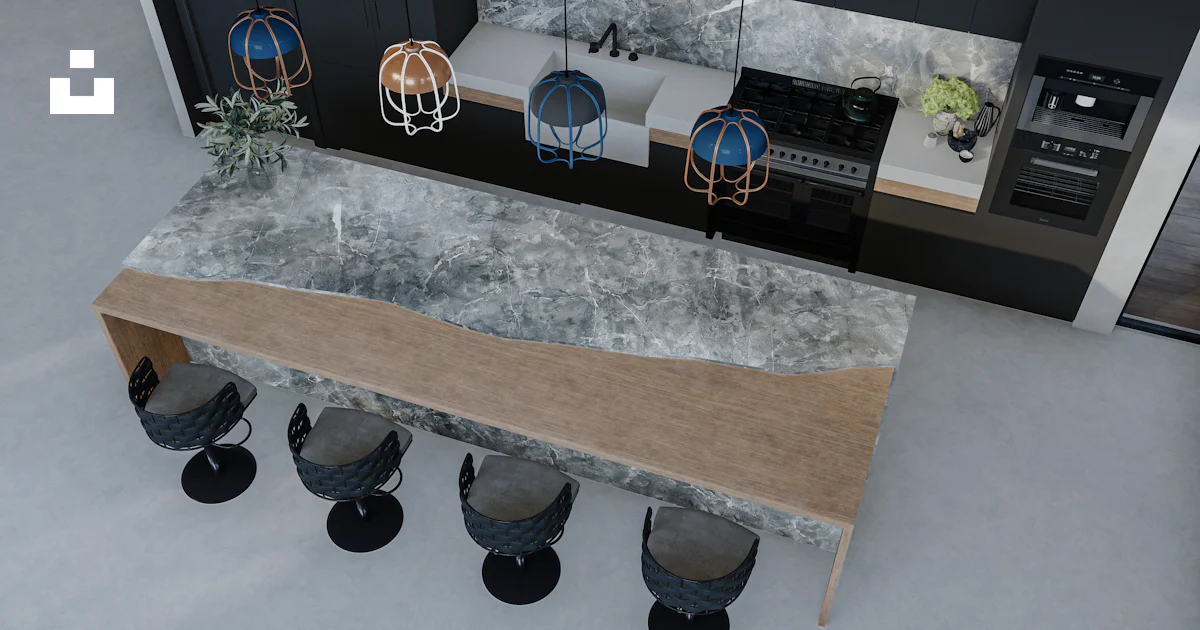 Aerial Kitchen Overview An aerial view of a kitchen with a marble counter top photo – Free ...