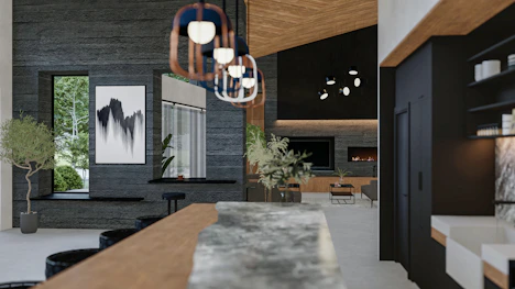 a kitchen with a counter top and a dining room table