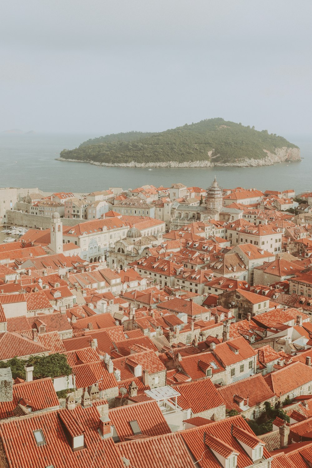 an aerial view of a city with red roofs