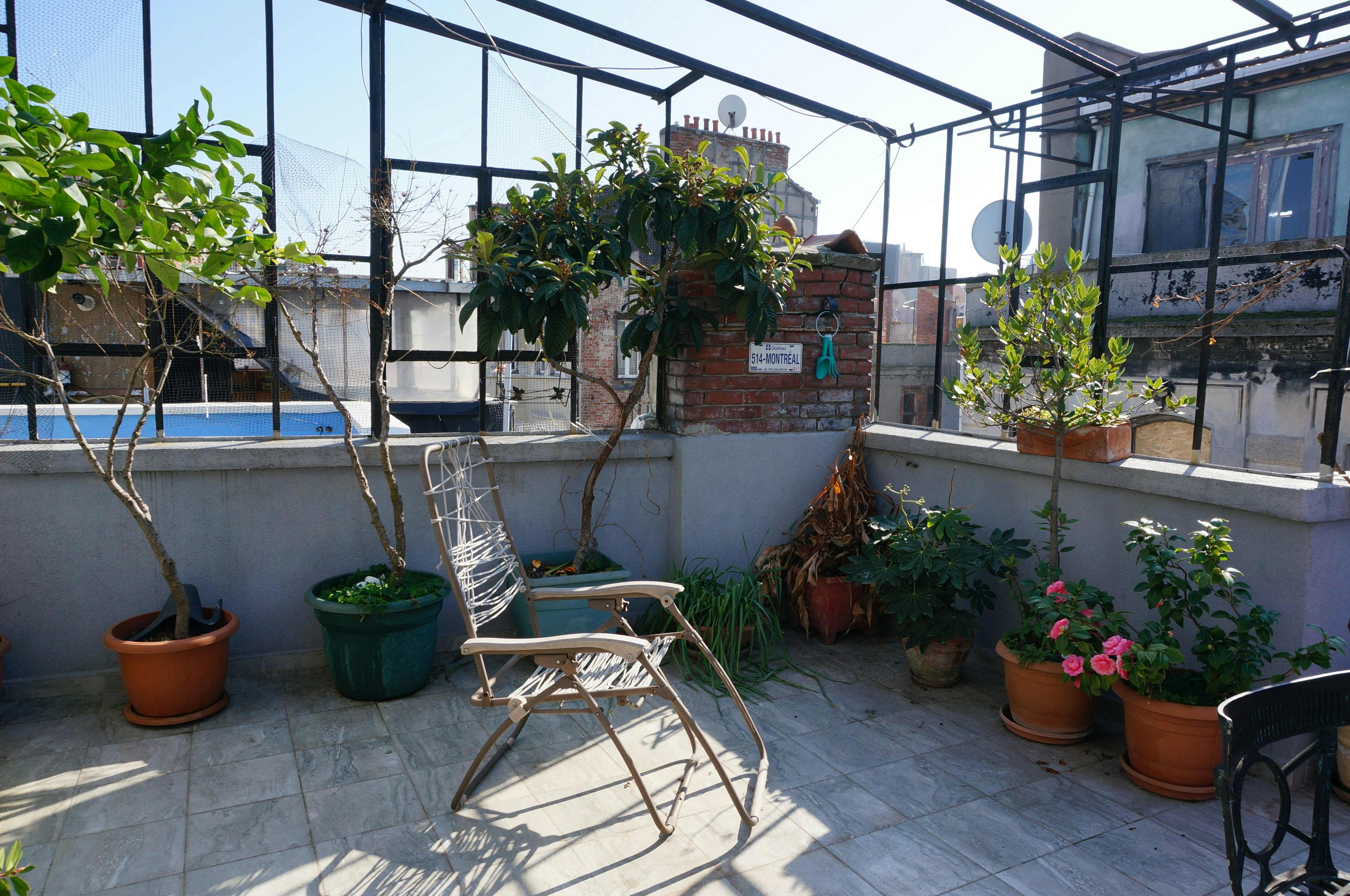 Residents enjoying a communal rooftop lounge with planters and city views - Green apartments Chicago