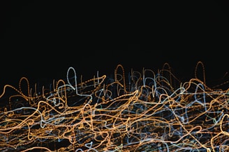 A chaotic array of swirling and looping lines in various colors, mainly orange and blue, set against a dark background. The patterns resemble light trails captured with long exposure.