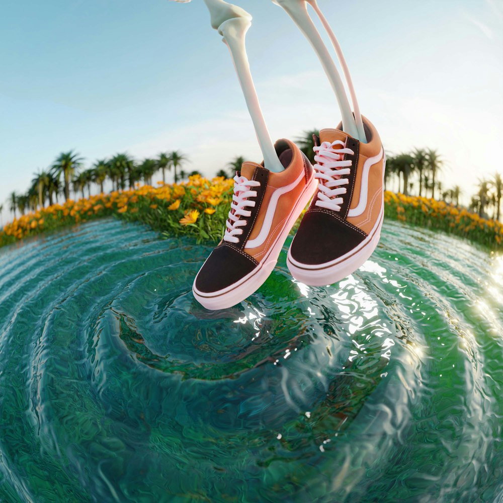 a pair of shoes floating in the water