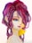 A watercolor illustration of a woman with striking features and vibrant red and purple hair cascading down in curls. Her bright blue eye and red lips add a pop of color, while a large yellow flower adorns her neck, providing contrast. The style is reminiscent of anime and manga artistry, capturing both elegance and boldness.