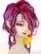 A watercolor illustration of a woman with striking features and vibrant red and purple hair cascading down in curls. Her bright blue eye and red lips add a pop of color, while a large yellow flower adorns her neck, providing contrast. The style is reminiscent of anime and manga artistry, capturing both elegance and boldness.
