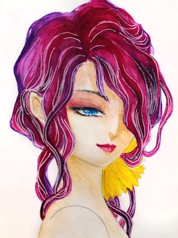 A watercolor illustration of a woman with striking features and vibrant red and purple hair cascading down in curls. Her bright blue eye and red lips add a pop of color, while a large yellow flower adorns her neck, providing contrast. The style is reminiscent of anime and manga artistry, capturing both elegance and boldness.