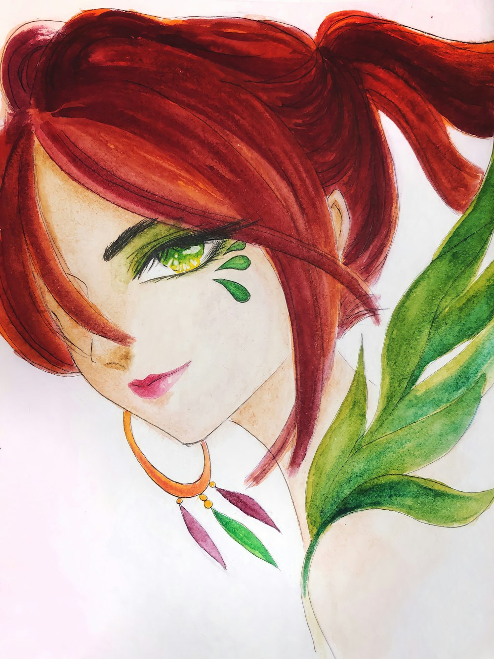 a drawing of a woman with red hair and green eyes