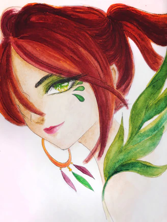 a drawing of a woman with red hair and green eyes