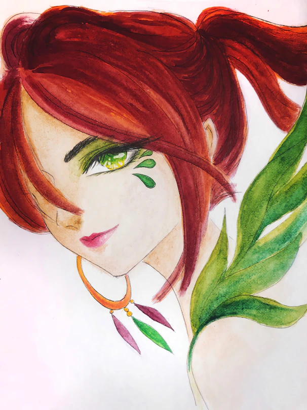 a drawing of a woman with red hair and green eyes