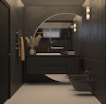 a bathroom with a toilet, sink and mirror