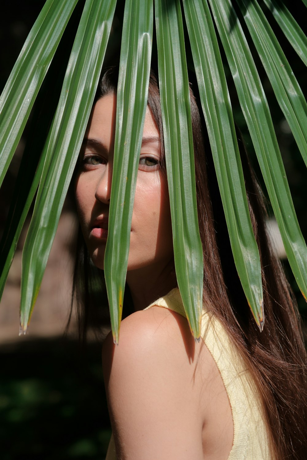 a woman is hiding behind a large green plant