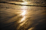 Golden sunlight reflecting off gentle waves on a quiet Greek beach at sunset.