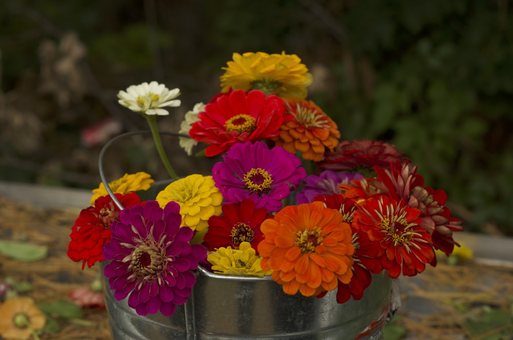 a metal bucket filled with lots of colorful flowers