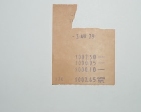 A partial vintage receipt dated 3 April 1979 is displayed on a plain background. The receipt shows amounts of $2.50, $0.05, $0.10, with a cash total of $2.65. It has a slightly torn upper section and faded text suggesting wear and age.