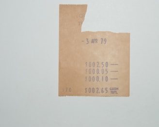 A partial vintage receipt dated 3 April 1979 is displayed on a plain background. The receipt shows amounts of $2.50, $0.05, $0.10, with a cash total of $2.65. It has a slightly torn upper section and faded text suggesting wear and age.