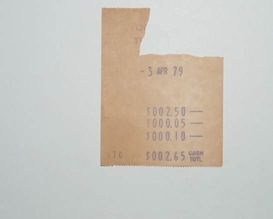 A partial vintage receipt dated 3 April 1979 is displayed on a plain background. The receipt shows amounts of $2.50, $0.05, $0.10, with a cash total of $2.65. It has a slightly torn upper section and faded text suggesting wear and age.