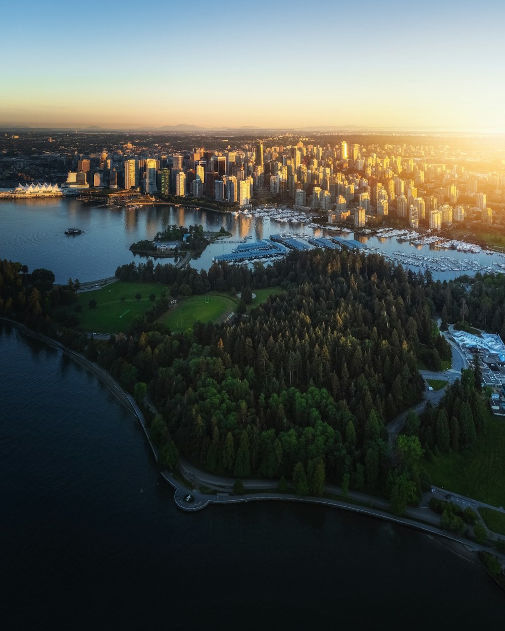 an aerial view of a city and a body of water