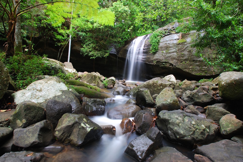 Ein kleiner Wasserfall, umgeben von Felsen und Bäumen