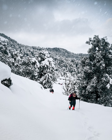 A person is hiking through a snowy landscape surrounded by heavily snow-laden trees. The sky is overcast with a hint of snowfall, and the trail is covered in deep snow. The hiker is using trekking poles and wearing bright red gaiters, which stand out against the white surroundings.