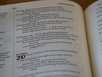 A close-up view of an open book displaying text from the Old Testament. The pages are filled with printed words in a serif font, and the page number 398 is visible at the top. Some verses are numbered, indicating a structured format typical of biblical scripture.