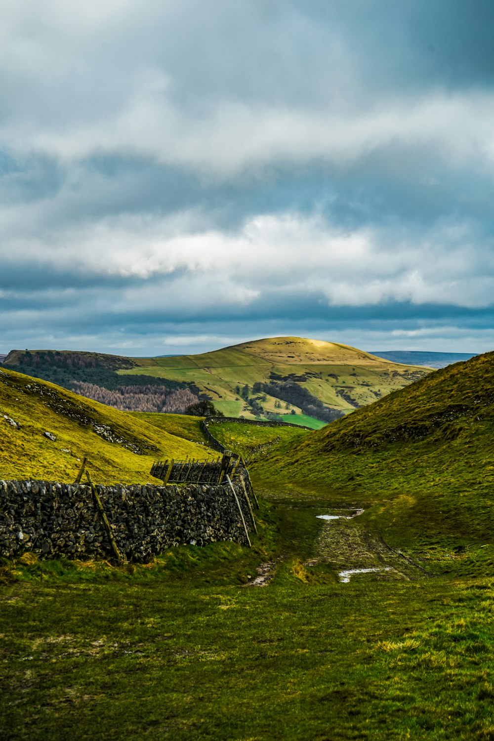 a grassy field with a stone wall in the foreground