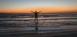 a person standing on a beach at sunset