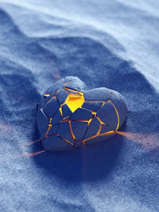 A cracked grey heart shape with glowing orange light on a textured surface