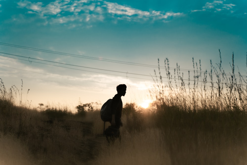 a silhouette of a person holding a surfboard in a field