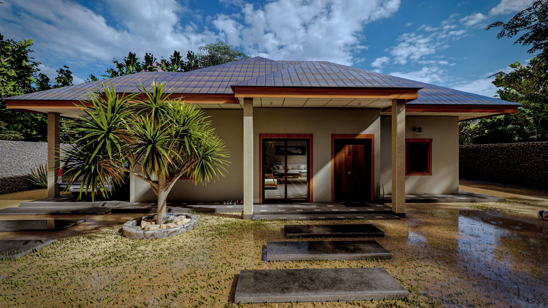 a small house with a pool in front of it