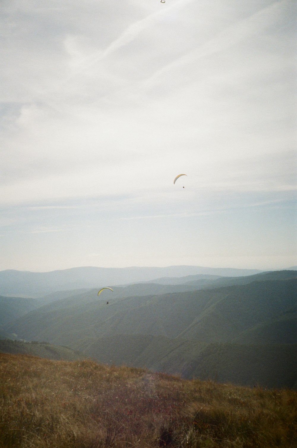 a couple of people flying kites on top of a hill