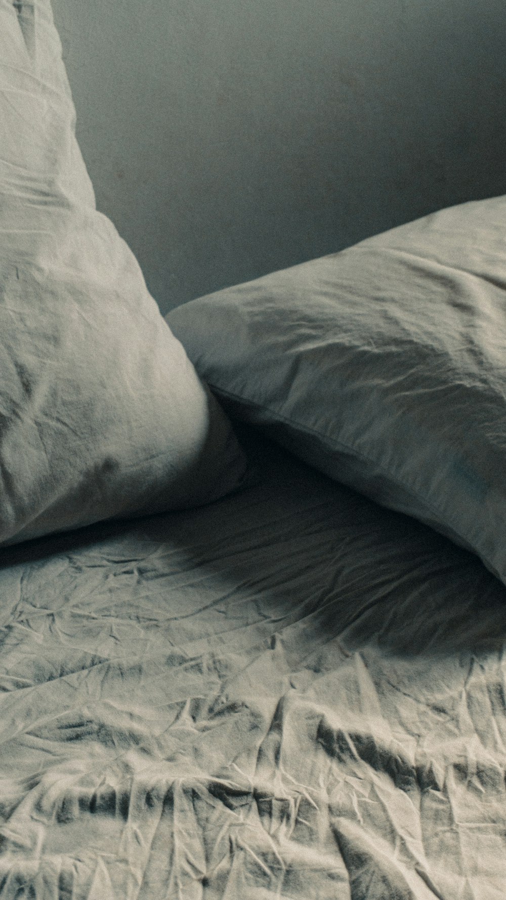 Una foto en blanco y negro de una cama con dos almohadas