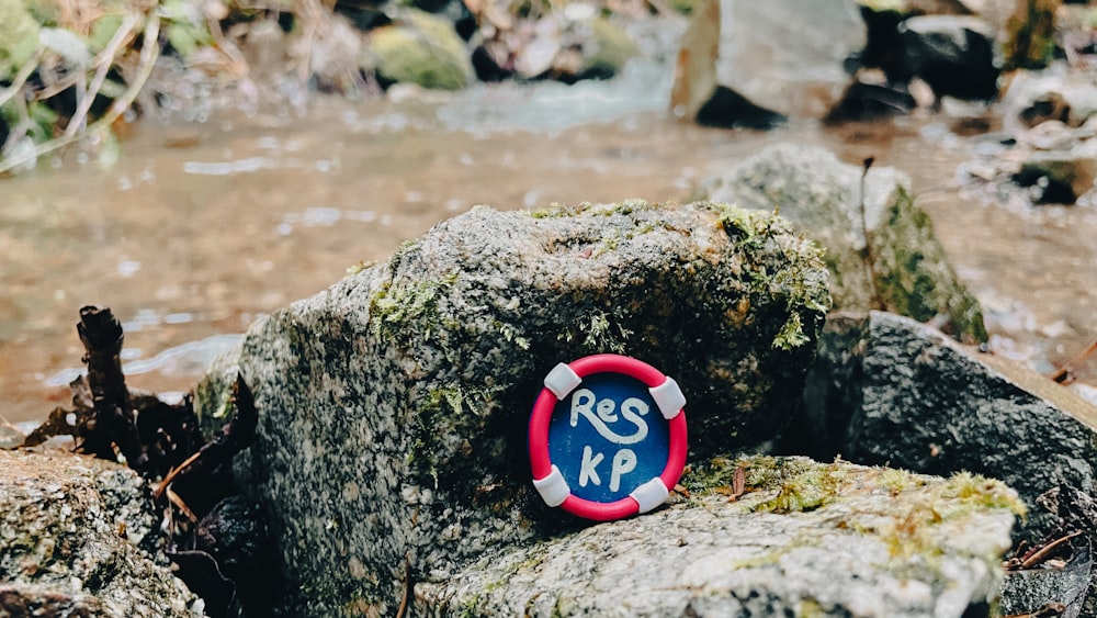 a red and blue sign sitting on top of a rock