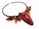 An intricately designed necklace featuring a large teardrop-shaped gemstone in a deep reddish hue. The necklace is adorned with beads in shades of black, red, and orange, arranged in a pattern that resembles leaves and abstract shapes. The craftsmanship is detailed and artistic, highlighting a blend of smooth and textured surfaces.
