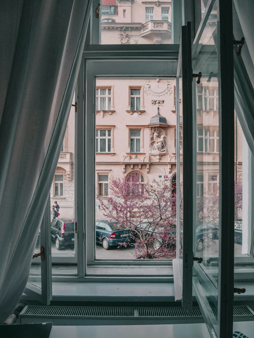 a view of a building through a window