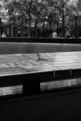 A serene memorial site in Georgia with flags gently waving and a stone monument engraved with names of fallen heroes.