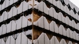 A building facade featuring a geometric, triangular pattern made of white, textured panels. The panels are arranged in a repetitive grid, reflecting a modern architectural style. The glass windows behind the panels add depth, providing a sleek and contemporary appearance.