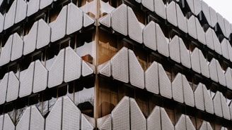 A building facade featuring a geometric, triangular pattern made of white, textured panels. The panels are arranged in a repetitive grid, reflecting a modern architectural style. The glass windows behind the panels add depth, providing a sleek and contemporary appearance.