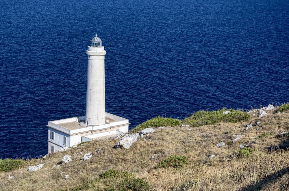 a light house sitting on top of a hill next to the ocean