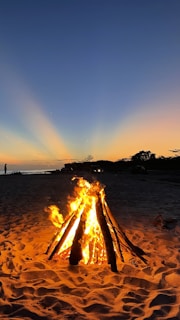 Guests enjoying a bonfire on the beach at sunset with surfboards nearby.