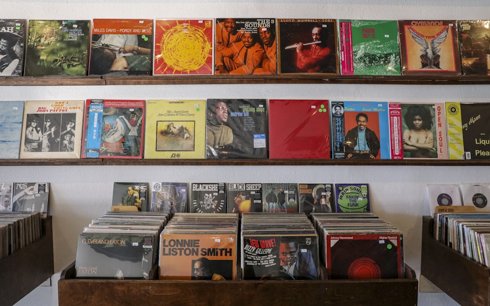 a collection of records on display in a store