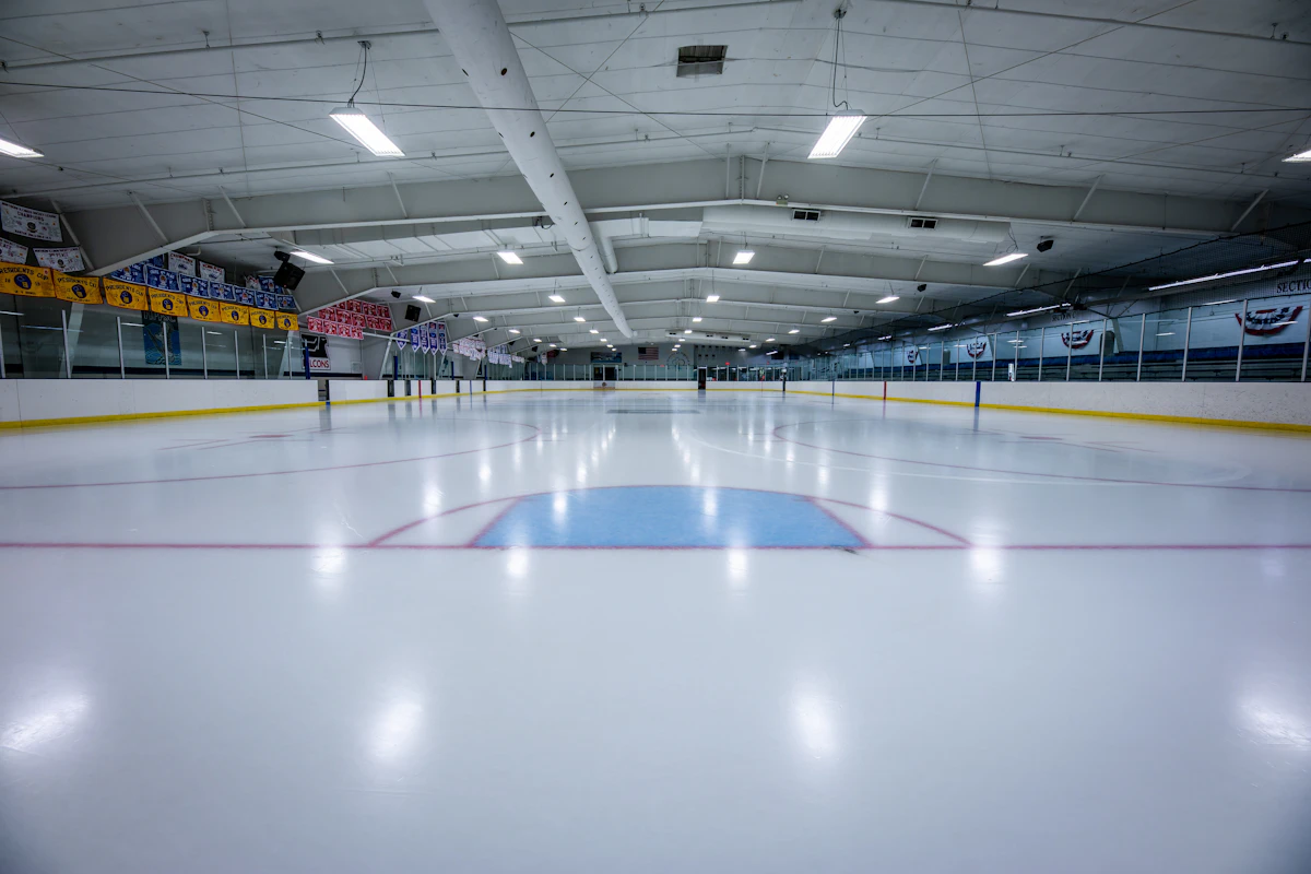 Indoor ice rink with a hockey goal