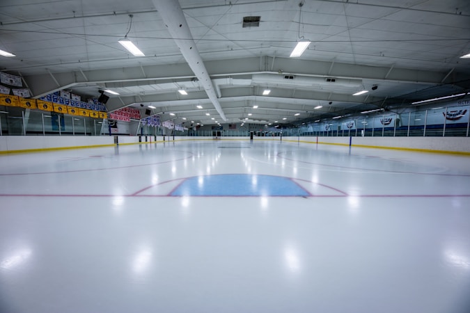 An indoor ice hockey rink with a goal, home to youth and community hockey in the Las Vegas Valley