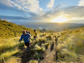 Two hikers in colorful outdoor gear walk along a grassy trail on a hillside, with trekking poles in hand. The landscape is bathed in the golden light of a sunrise or sunset, casting a warm glow over the scene. The horizon reveals rolling hills under a sky filled with dramatic clouds.