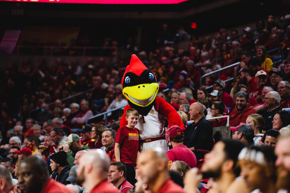 a mascot in a red and white outfit standing in front of a crowd