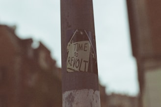 A close-up of a street pole with a poster affixed to it. The poster reads 'TIME TO REVOLT' and is slightly weathered. The background is blurred, hinting at urban surroundings.