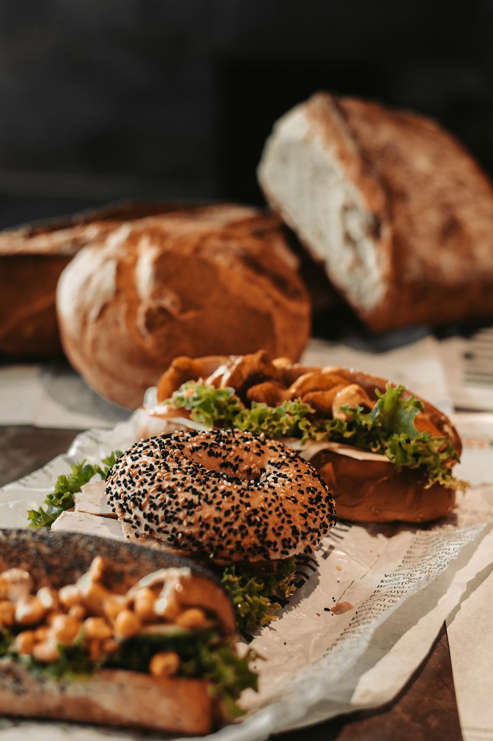 a close up of a bagel on a table