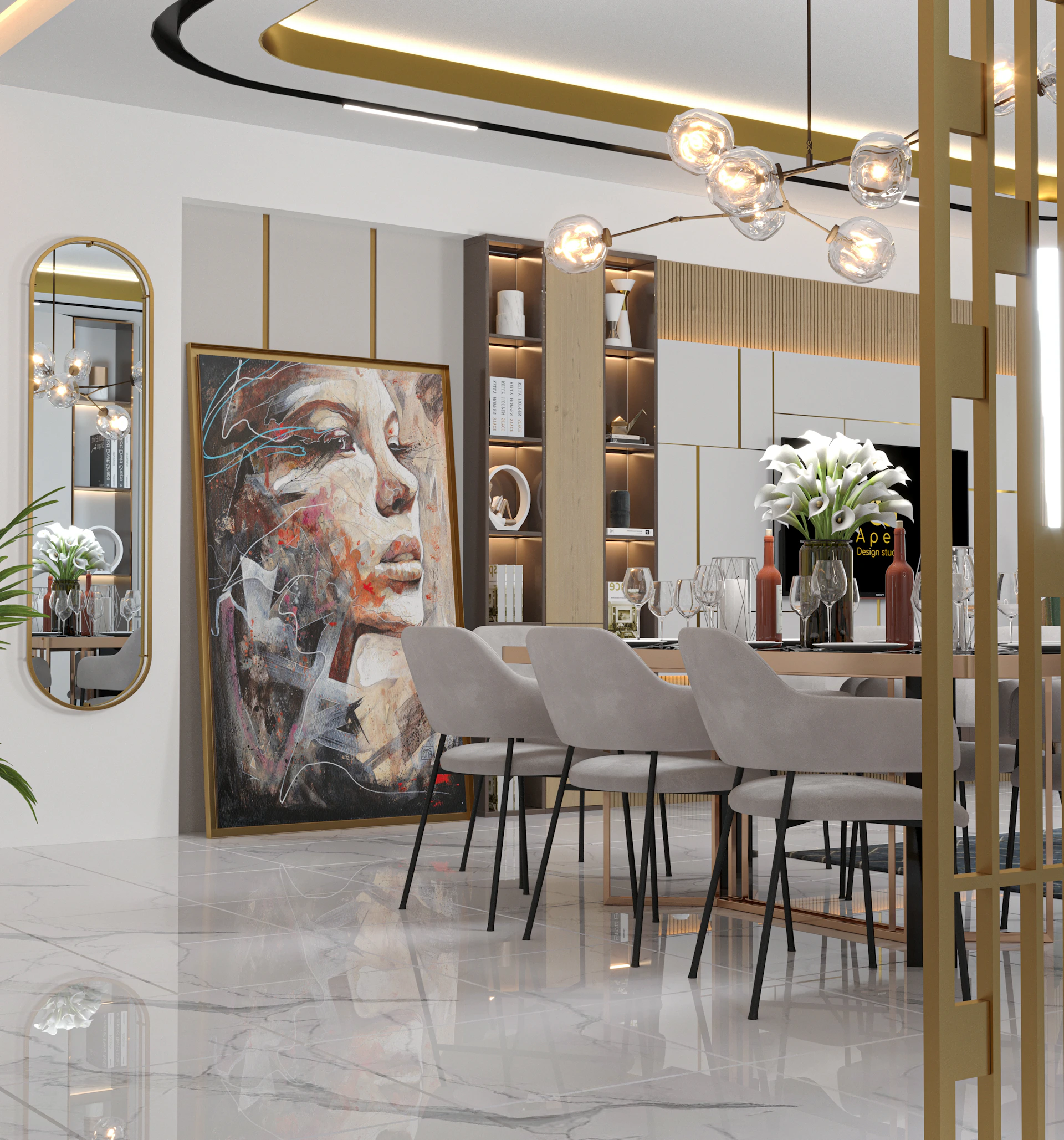 a dining room with a large painting on the wall