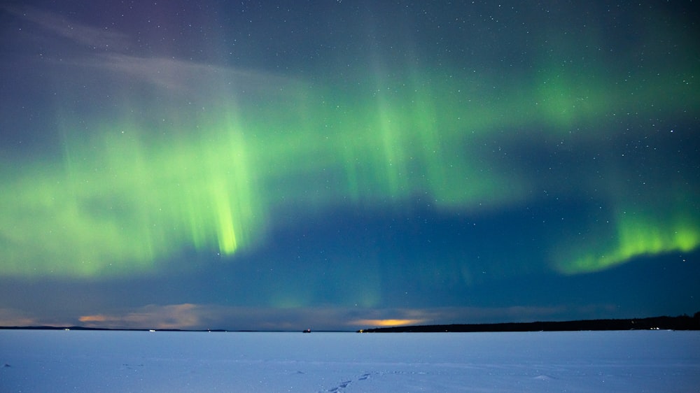 uma aurora verde e roxa sobre um campo coberto de neve