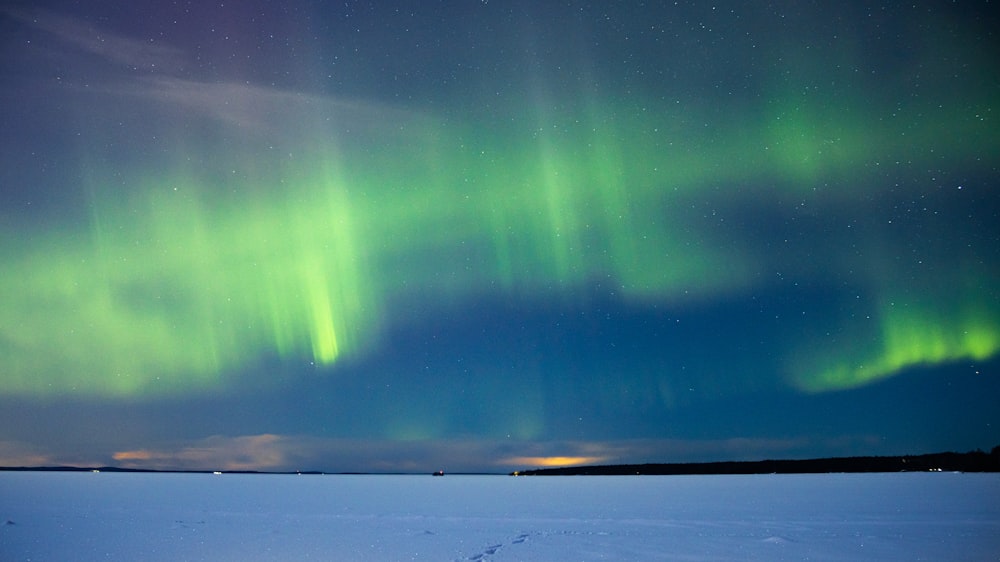 a green and purple aurora over a snow covered field